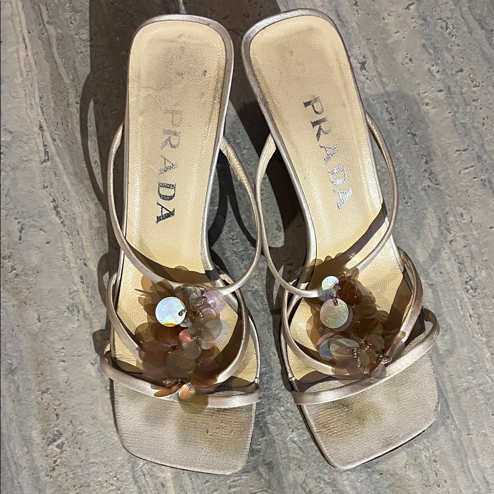 Prada Women's Cream Sandals Sequins Heels